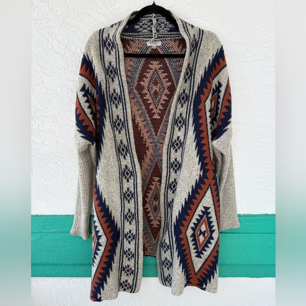 Oceanus Western Tribal Pattern Open Boho Cardigan Medium Blue Gray - Picture 2 of 10
